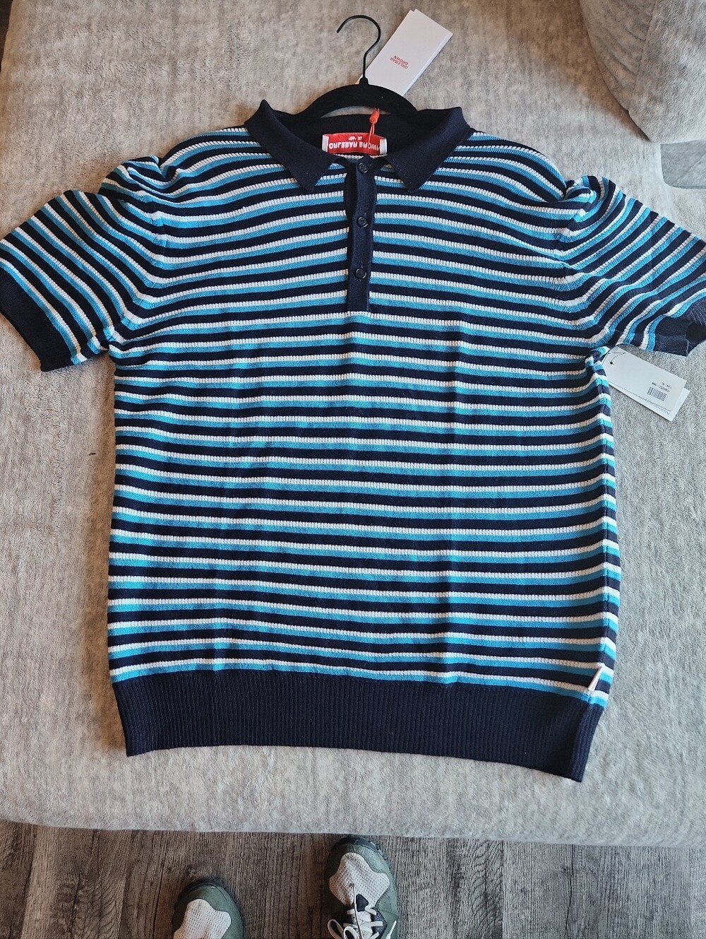 Orlebar Brown Navy, Light Blue & White Striped Knit Polo